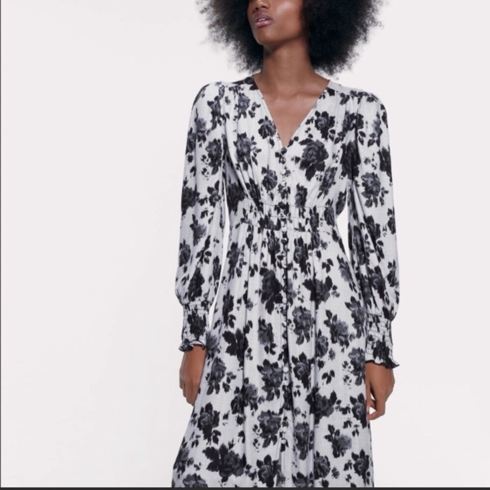 Zara Gray/Black Floral Tea Midi Dress size S